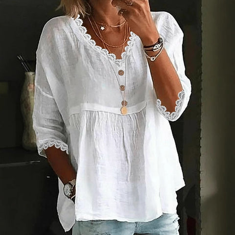 Casual seven-quarter-sleeved lace V-neck pullover multi-color women's top shirt m301420