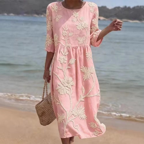 Women's medium and long sleeves side bag crew neck dress seaside vacation loose dress m302606