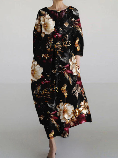 Lockeres Damenkleid mit Rundhalsausschnitt, modisches High-End-Langarm-Print m301049