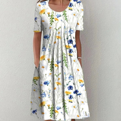 Spring/Summer Floral Print Crew Neck Pocket Medium Length Dress m300905