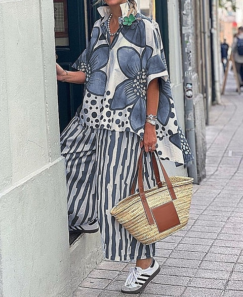 Women's lapel loose geometric printing casual suit m301238