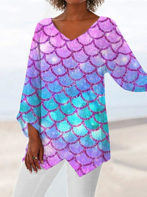 Women's printed animal natural scenery V-neck nine-quarter sleeve loose T-shirt m301289