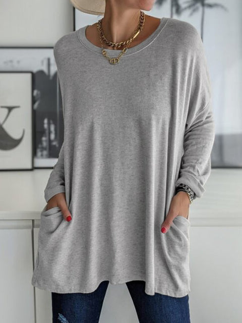Crew neck long sleeve loose pocket solid color T-shirt casual women's clothing m301315