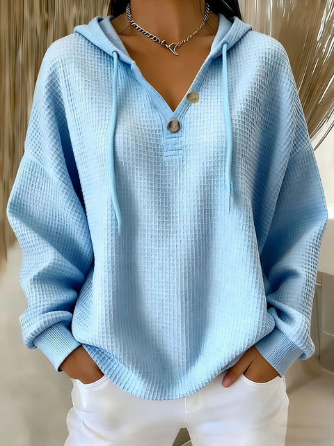 New solid color waffle V-neck button-down hooded sweatshirt m302180