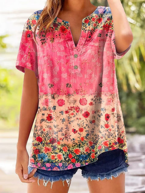 Bedrucktes V-Ausschnitt Kurzarm-T-Shirt m303021