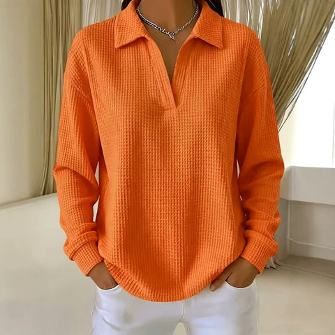 Waffle Lapel Long Sleeve Polo Top m303214