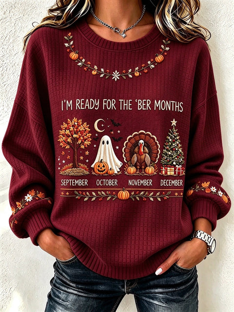 Halloween Waffle Print Crew Neck Long Sleeve Casual Pullover Sweater FF303495