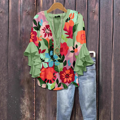 Creative floral element printing digital printing casual trend V-neck lotus edge T-shirt women's top m301778