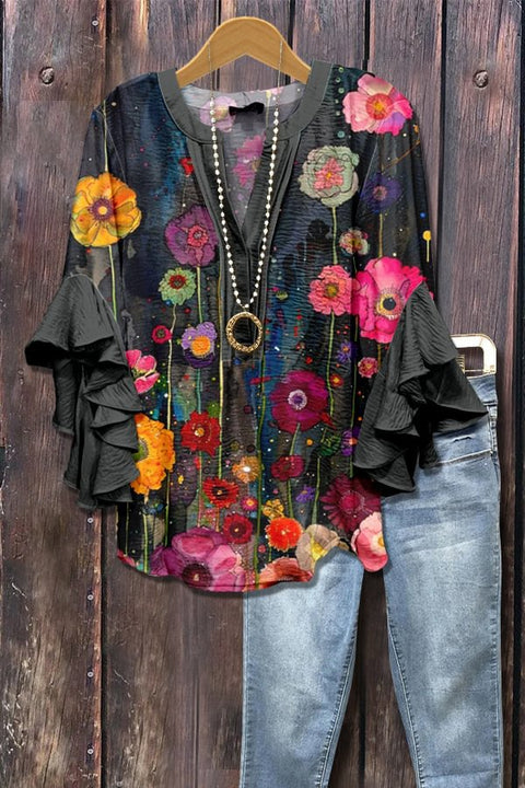 Creative floral element printing digital printing casual trend V-neck lotus edge T-shirt m301358