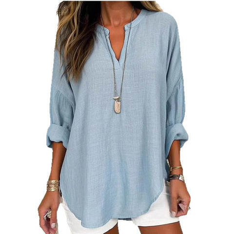 Small V-neck button-down shoulder long-sleeved women's T curved hem clothes m301361