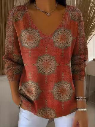 Shoulder V-neck long-sleeved autumn leaf 3D digital printing women's top FF303401 04