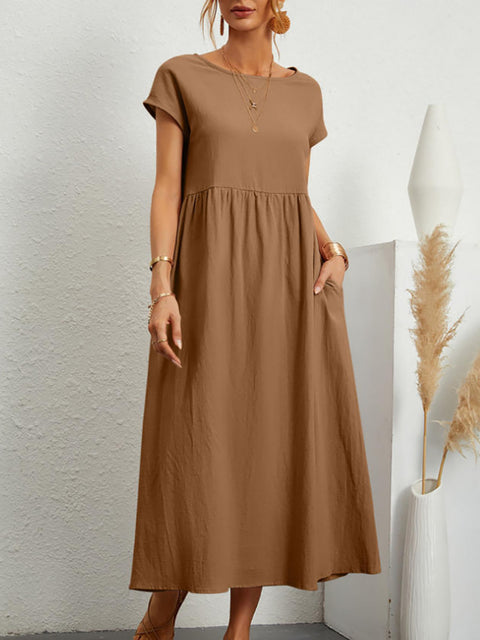 Sleeveless loose cotton and linen pocket dress m301061