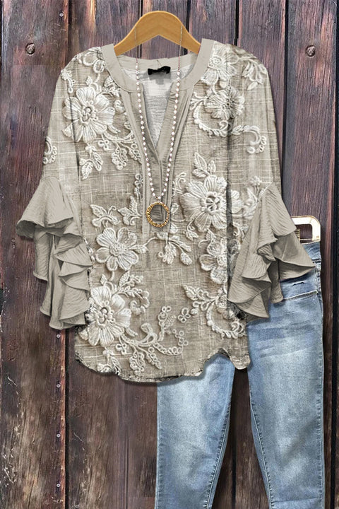 Digital printing casual trend V-neck lotus edge T-shirt women's m302725-1