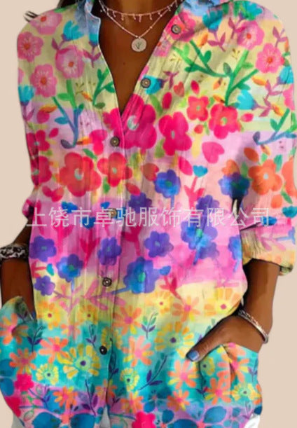 Linglong hemp long shirt women's long-sleeved shirt printing pattern m303195