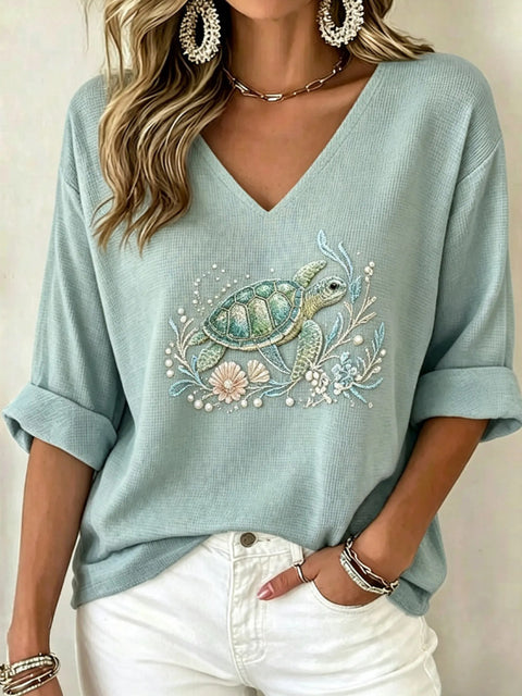 Shoulder V-neck long-sleeved pullover print women's T-shirt m303200
