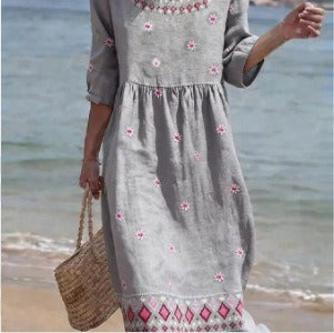 Women's medium and long sleeves side bag crew neck dress seaside vacation loose dress m302606