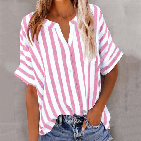 Women's top shirt loose casual V-neck button striped contrasting short sleeve m302416
