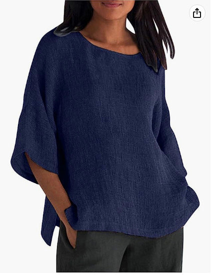 Split sleeved round neck cotton linen shirt top m300053