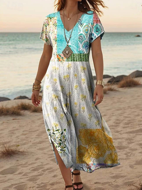 Creative floral women's summer new V-neck short-sleeved dress m301230