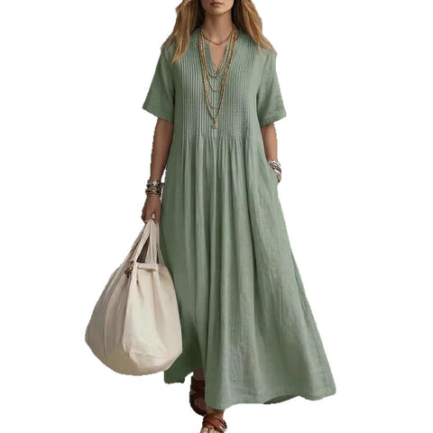 Ladies casual loose V-neck short-sleeved pleated cotton and linen dress m303244