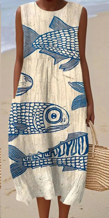 New sleeveless casual printing temperament long dress dress slim fit small fresh casual dress m301521