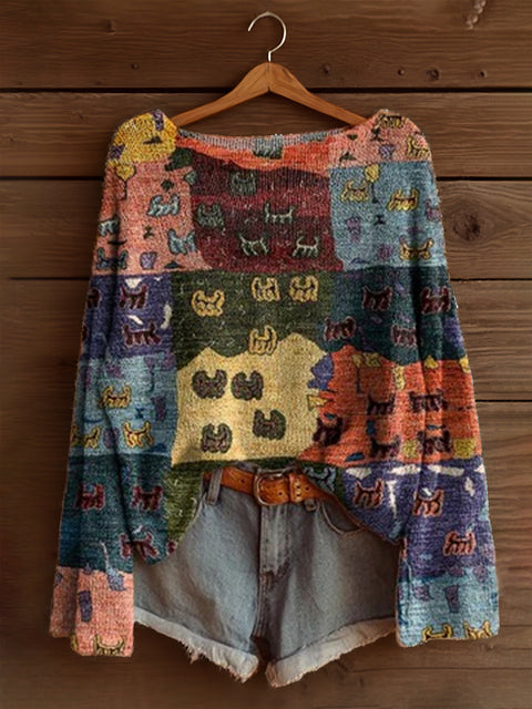 Vacation print casual cape top crew neck knitted sweater m302130