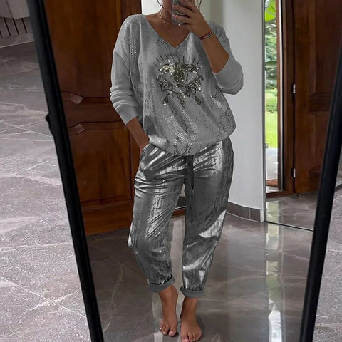 Women's Long Sleeve Printed Top Pants Set of Two M302301