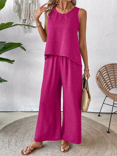 Spring and summer solid color hollow lace two-piece fashion casual vest wide-leg pants trousers m301367