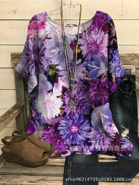 Loose round neck short-sleeved cotton and linen top women's m301281