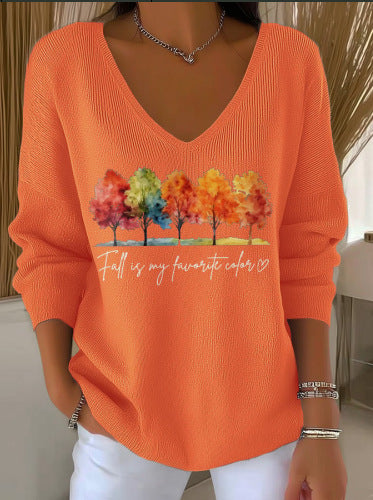 Shoulder V-neck long-sleeved autumn leaf 3D digital printing women's top FF303401 02