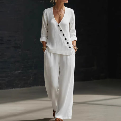 Temperament loose V-neck diagonal button-down shirt wide-leg pants two-piece set m302397