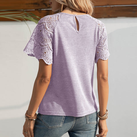 New European and American fashion crew neck lace splicing shoulder-plugged short-sleeved T-shirt top m302651