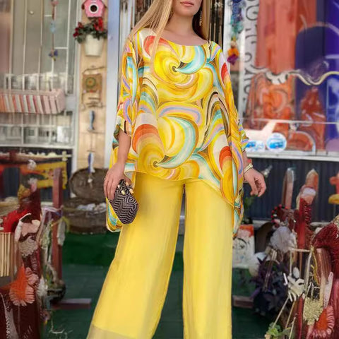 Color chiffon set casual crew neck printing two-piece set m302315