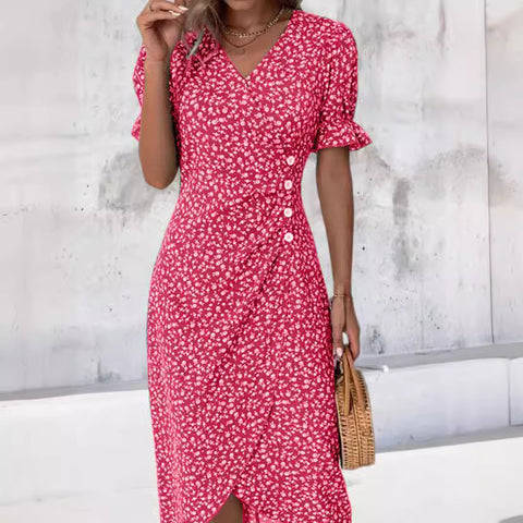 Geometric collage bubble sleeves irregular hem dress m301272