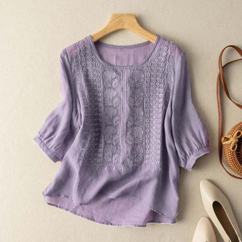 Summer thin embroidered top retro breathable cotton and linen short-sleeved t-shirt m302790