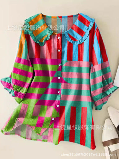 Linglong hemp 3D digital printing abstract, women's long-sleeved buckle lapel shirt m303181