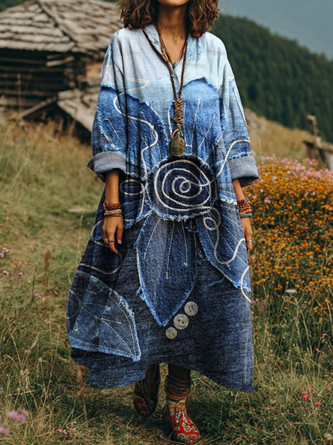 Bohemian ethnic style retro new printing fashion literary loose V-neck FF303433 01