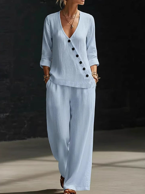 Temperament loose V-neck diagonal button-down shirt wide-leg pants two-piece set m302397