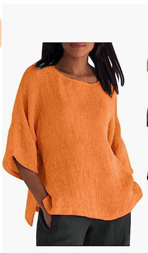 Split sleeved round neck cotton linen shirt top m300053