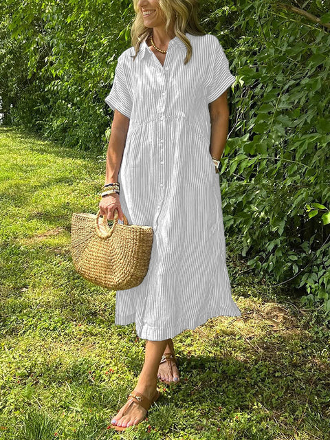 Loose large size striped short-sleeved shirt dress women's summer new casual cotton and linen medium and long skirt m302066