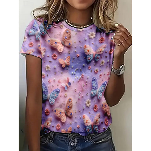 Imitation cotton commuter flower print crew neck short sleeve m303070