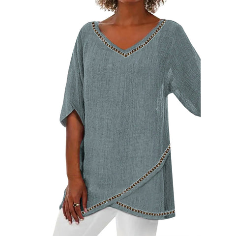 T-shirt ample à manches 3/4 et col en V pour femme, imprimé animalier et paysage naturel, m301289 