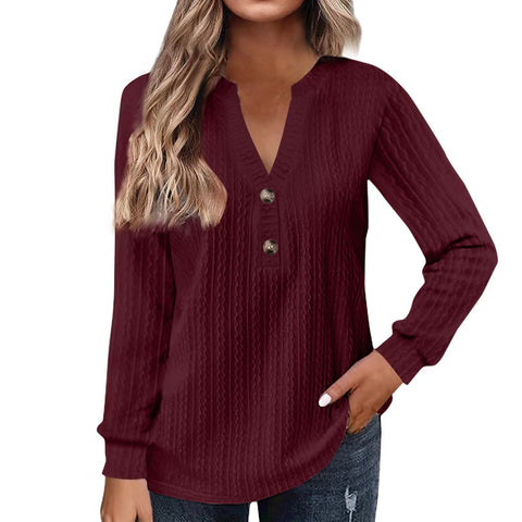 New long-sleeved solid color V-neck button-down T-shirt top m302223