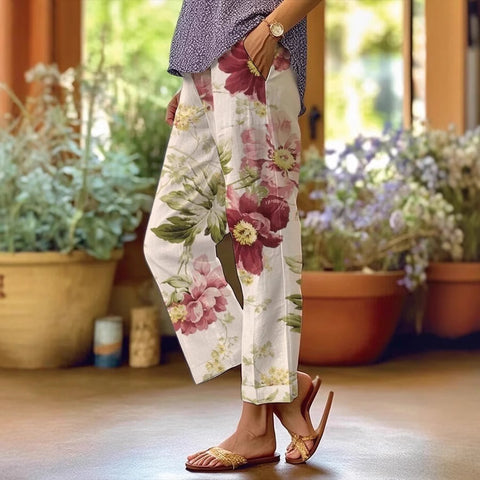 Linglong hemp digital printing simple crimped casual pants m303184