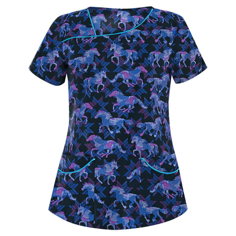 Printed V-neck short-sleeved pocket T-shirt women's top m301596