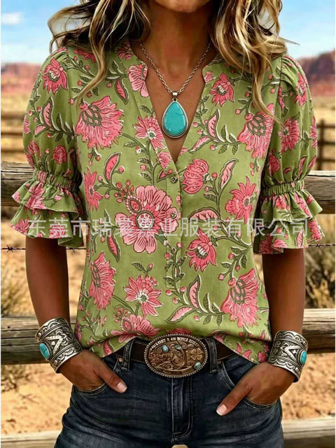 V-neck three-button top digital print horn-sleeved shirt FF303334