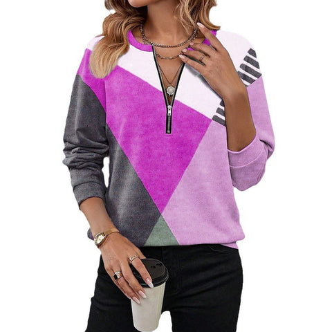 Autumn and winter color matching loose zipper long-sleeved V-neck sweater m300608