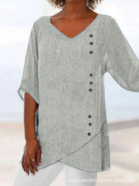 T-shirt ample à manches 3/4 et col en V pour femme, imprimé animalier et paysage naturel, m301289 