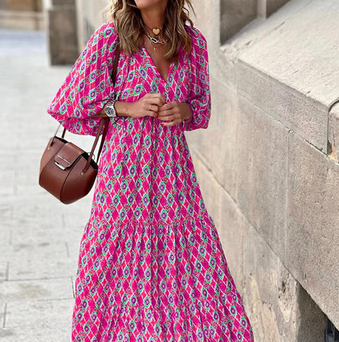 Geometric print bubble sleeve dress street fried street skirt m300902