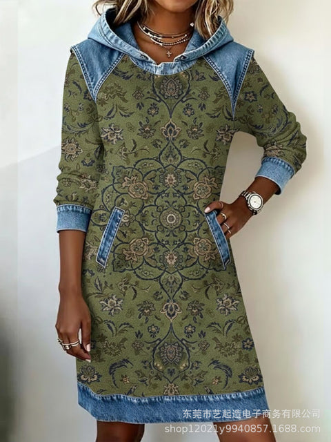 Denim sweater dress creative retro print comfortable soft denim splicing sweater m302277